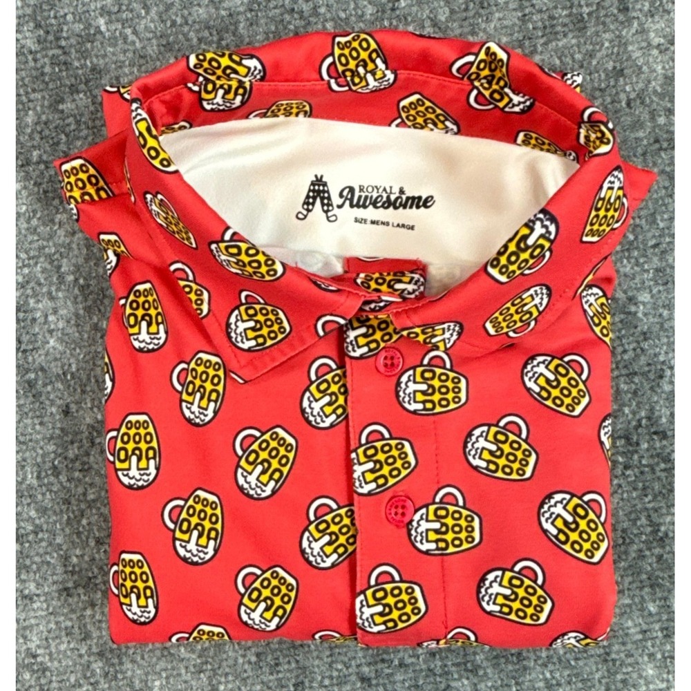 Royal & Awesome Mens Golf Polo Shirt Red Beer Mug Print Stretch Large